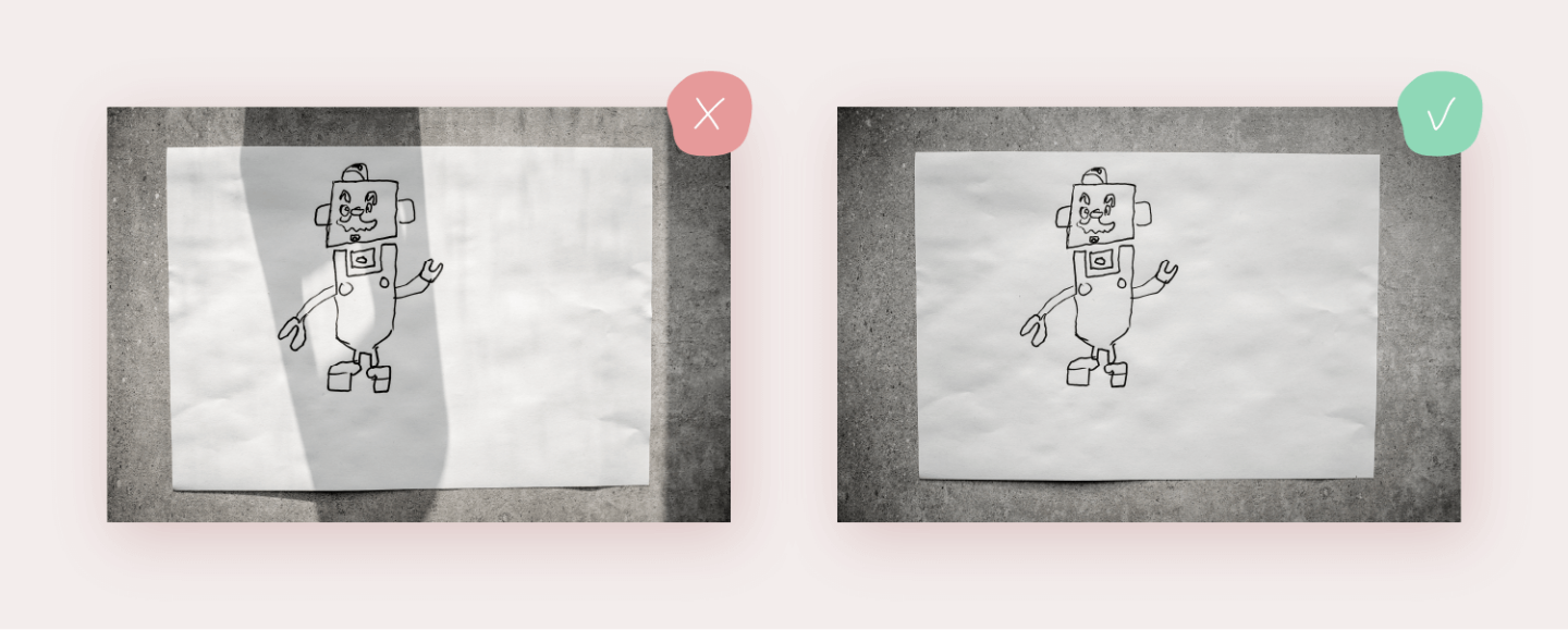 Fotos einer Kinderzeichnung, links mit Schatten, rechts ohne