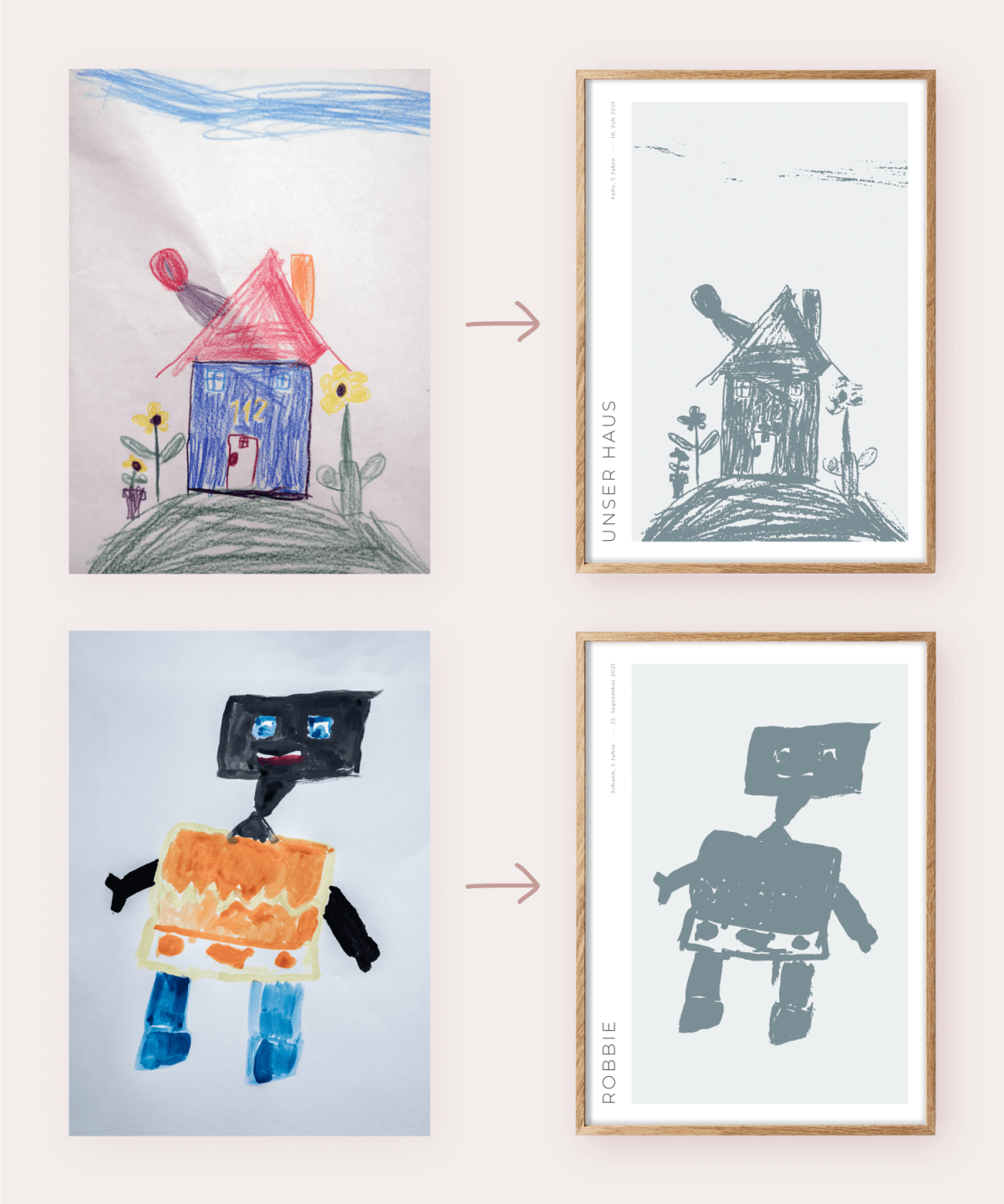 Fotos einer Kinderzeichnung, links mit Schatten, rechts ohne